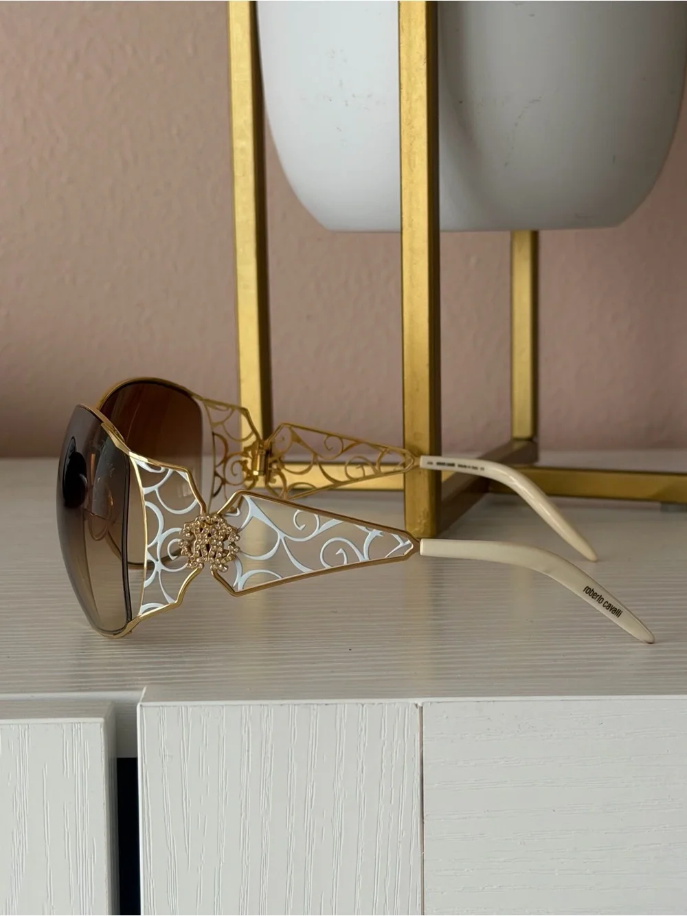 Roberto Cavalli Targeile 372S Sunglasses Gold Filigree Rhinestone Aviator Case